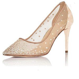 XYD Rhinestones Studded Stiletto High Heels Mesh Pumps Wedding Dress Shoes